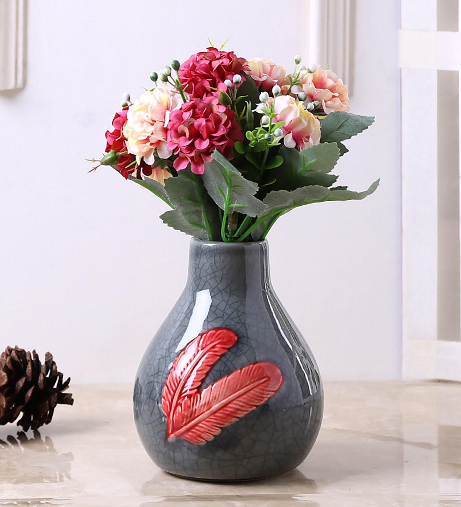 Buy Grey Vintage Style With Feather Design Ceramic Vase Online Vases