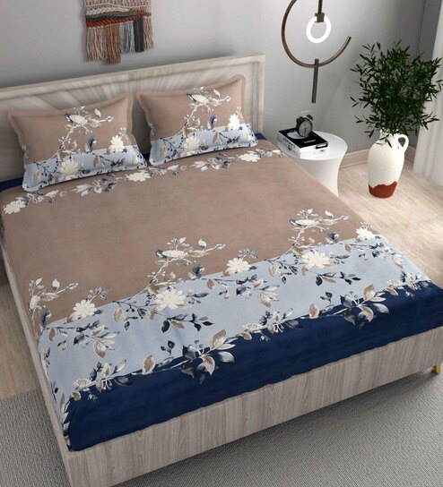 Brown and Blue Floral 220 TC Microfiber King Size Fitted Bedsheet With 2 Pillow Covers