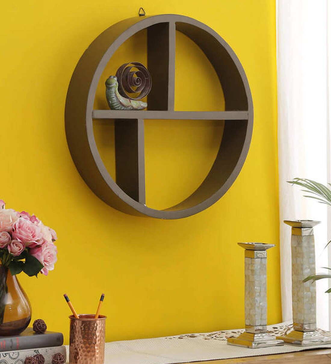 Buy Engineered Wood Round Wall Shelf in Walnut Colour by Dream Arts Online Modern Wall Shelves