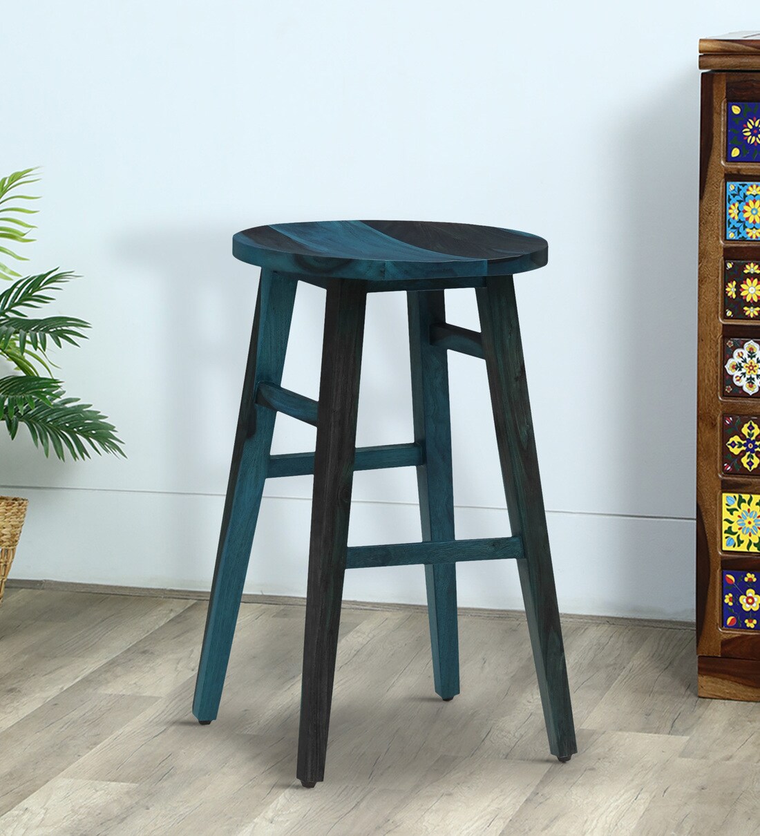 Buy Harrington Sheesham Wood Bar Stool In Ocean Blue Finish Online Modern Bar Stools Bar