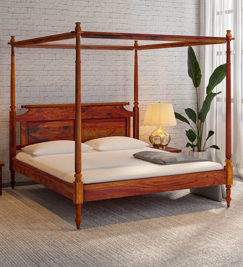Buy Harleston Sheesham Wood King Size Poster Bed in Honey Oak Finish