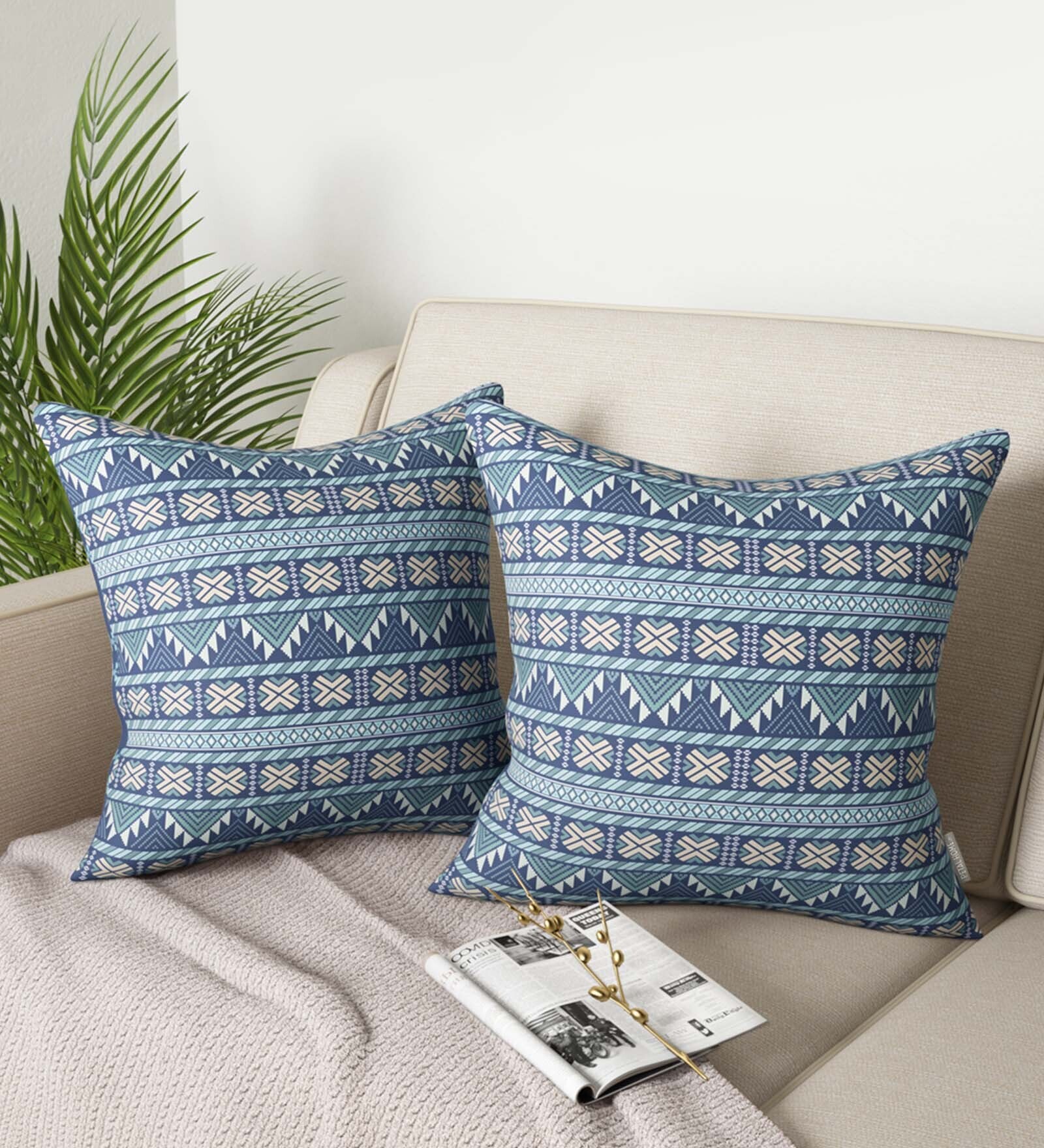 Buy Blue Traditional Cotton 16 x 16 Inches Cushion Covers (Set of 2) by