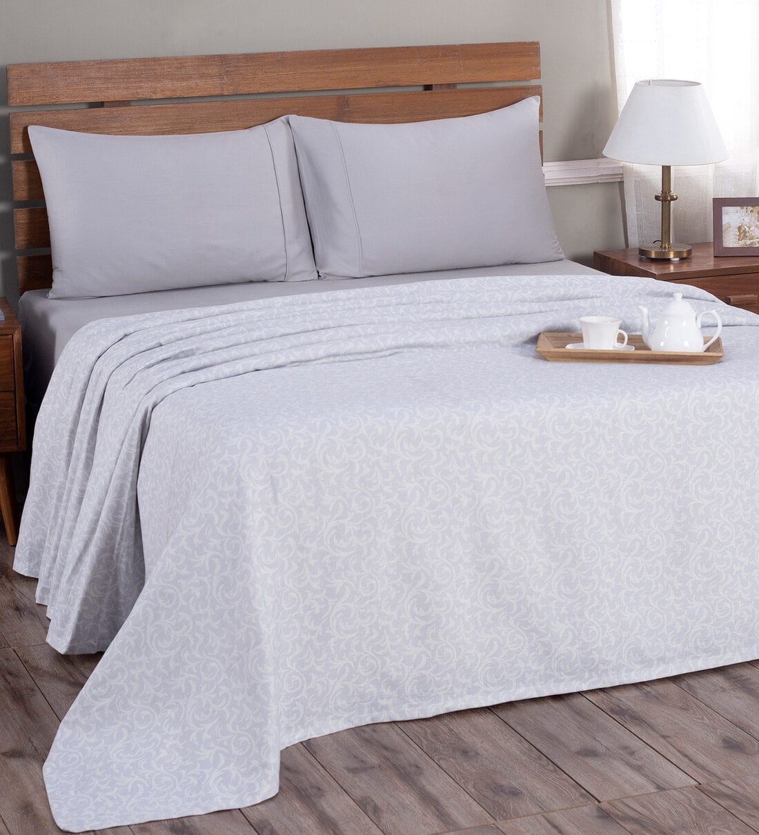 Buy Grey Abstract 300 TC Cotton and Viscose Double Bed Cover by Maspar