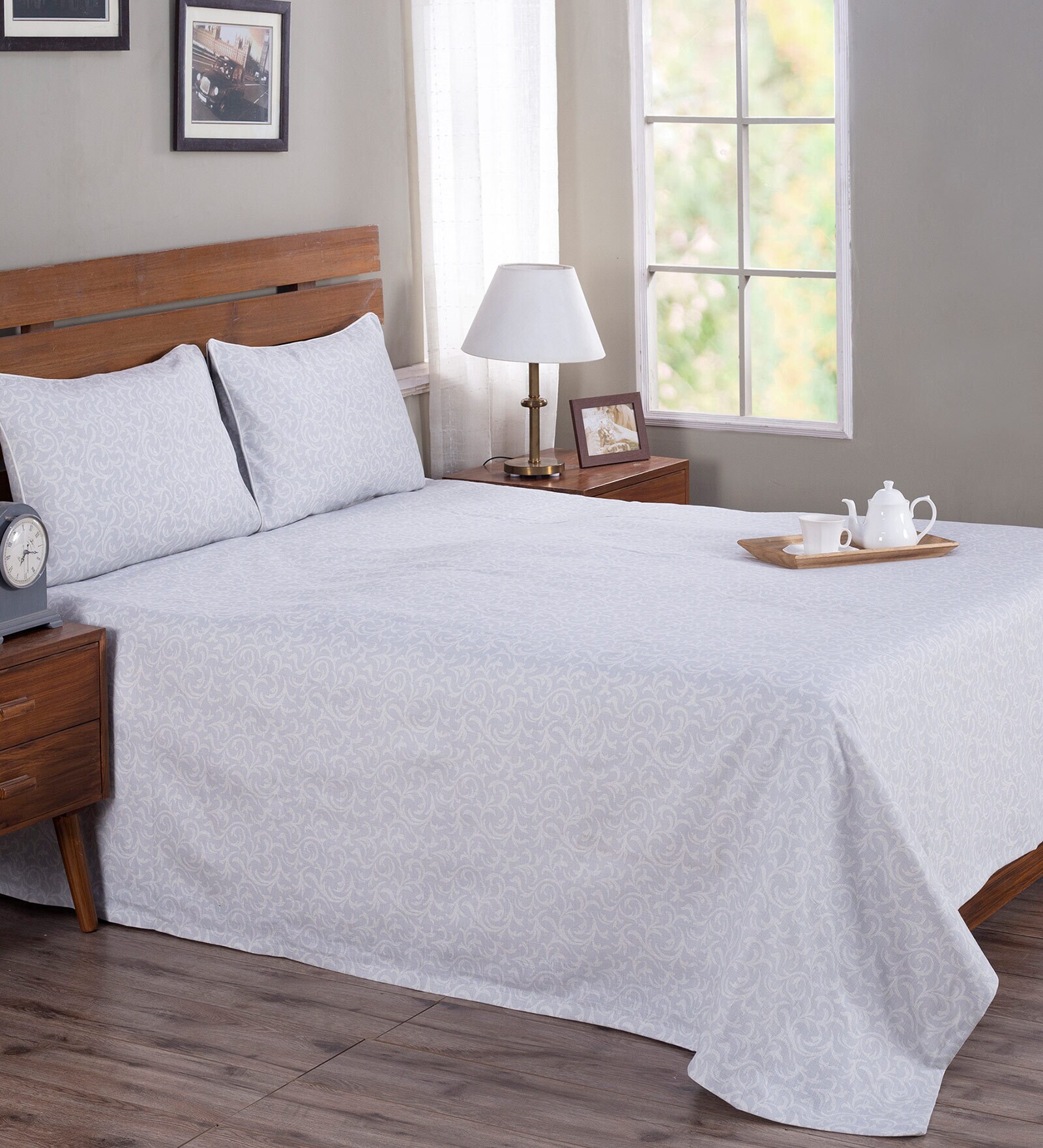 Buy Grey Abstract 300 TC Cotton and Viscose Double Bed Cover with 2