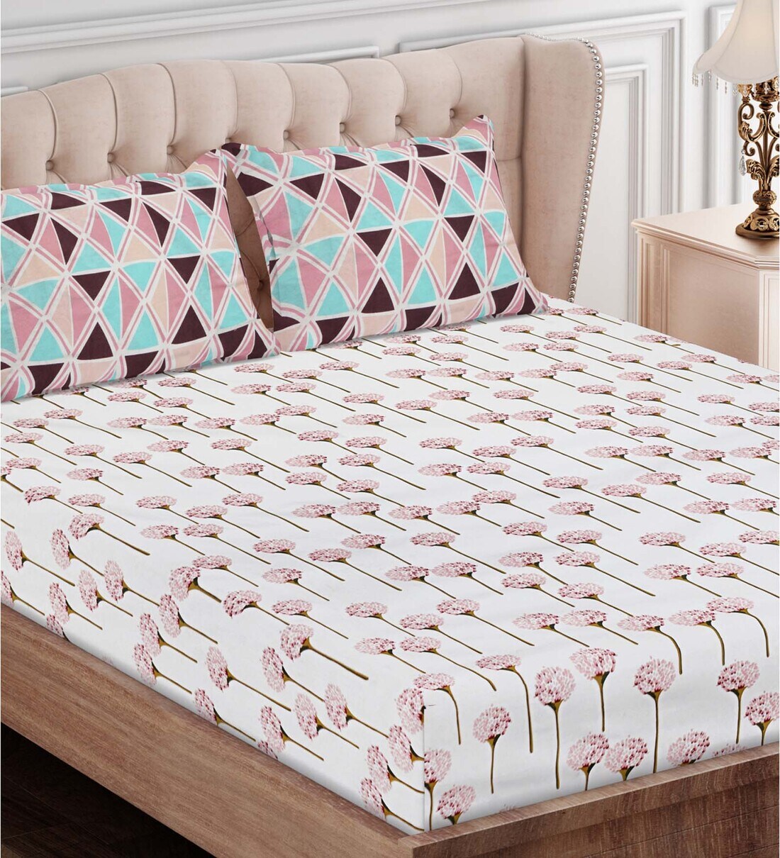 Buy Pink Floral 160 TC Cotton King Sized Bed Sheets with 2 Pillow