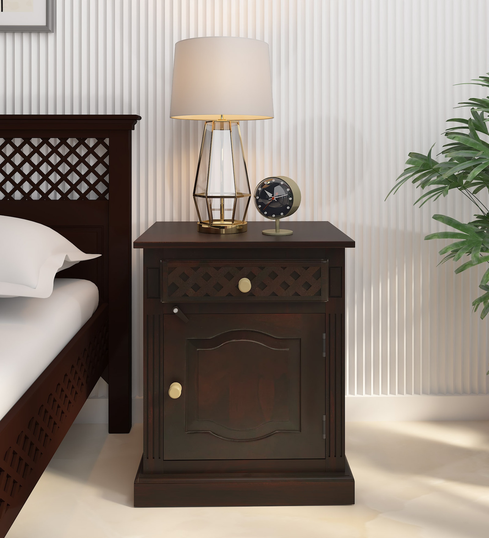 Buy Inaaya Sheesham Wood Bedside Table In Dark Mahogany Finish With