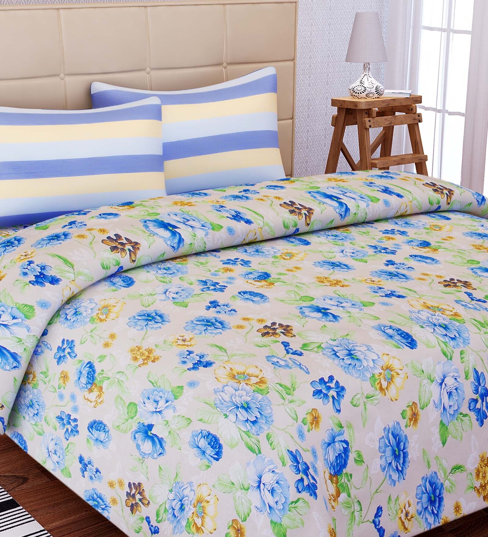 Buy Blue Floral 160 TC Cotton Queen Sized Bed Sheets with 2 Pillow