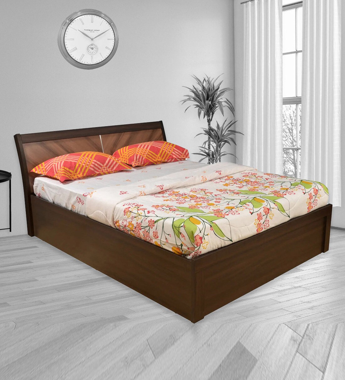 Buy Istanbul Queen Size Bed in Walnut Finish with Hydraulic Storage
