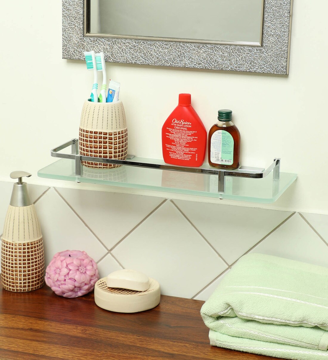 Buy Frosted Glass Corner Bathroom Shelf In Chrome (L 15, W 5, H 0.8