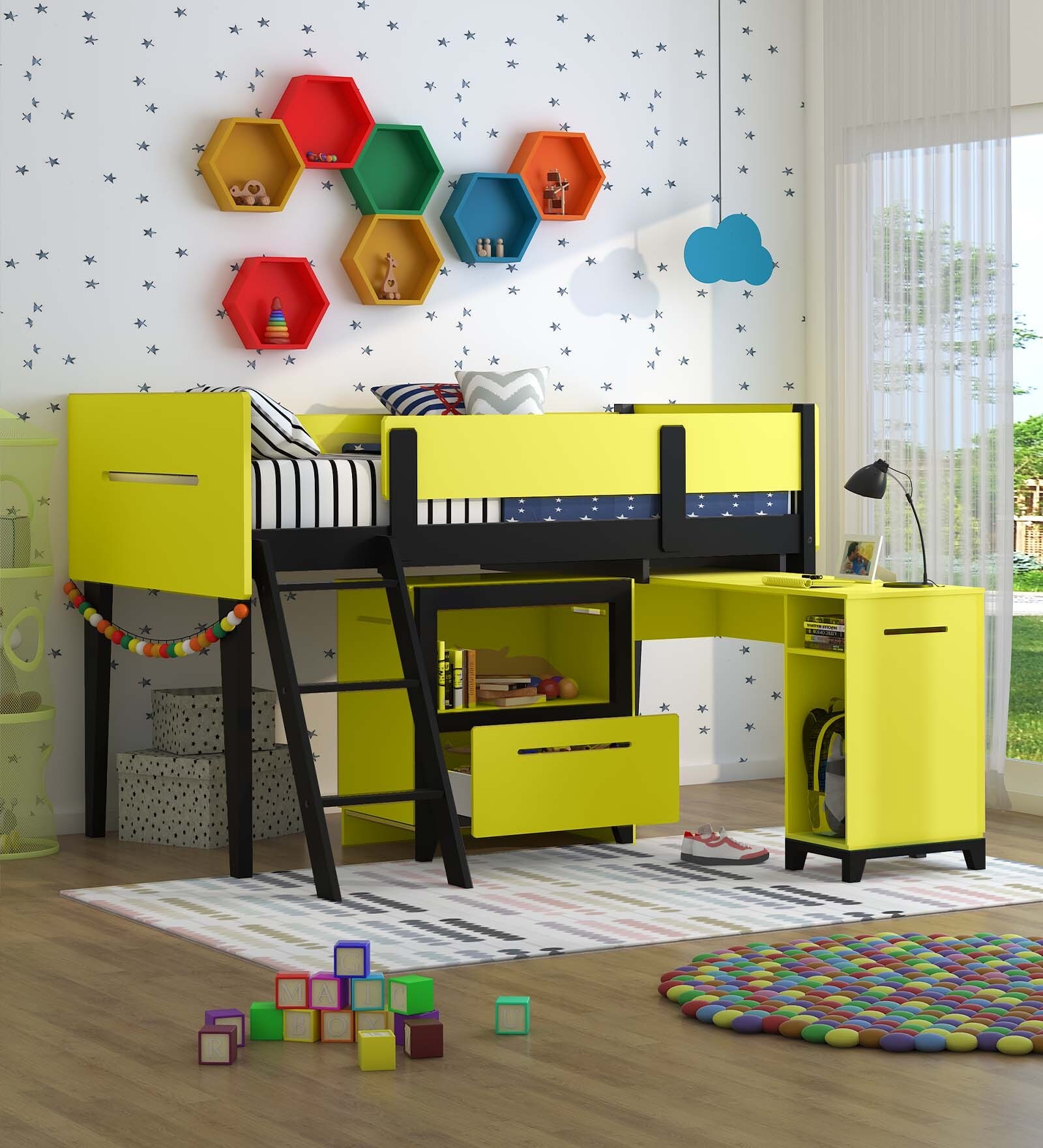 Buy Juan Martin Study Loft Bed in Yellow and Black CasaCraft at 23