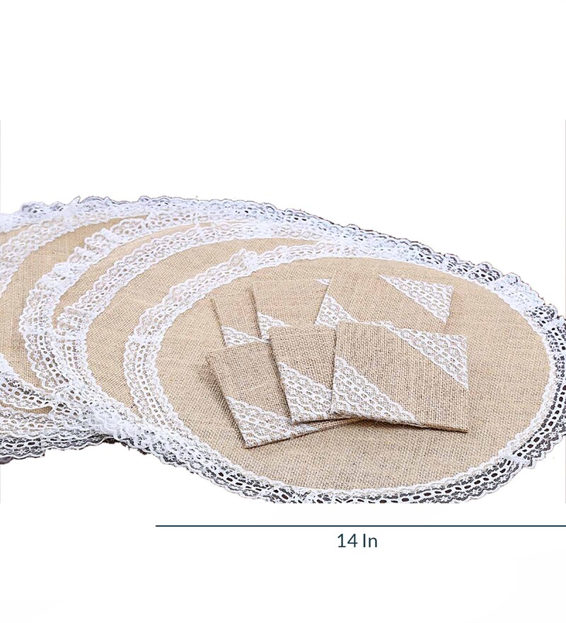 Buy Jute Beige White Circular Table Mat Coasters Set Of 12