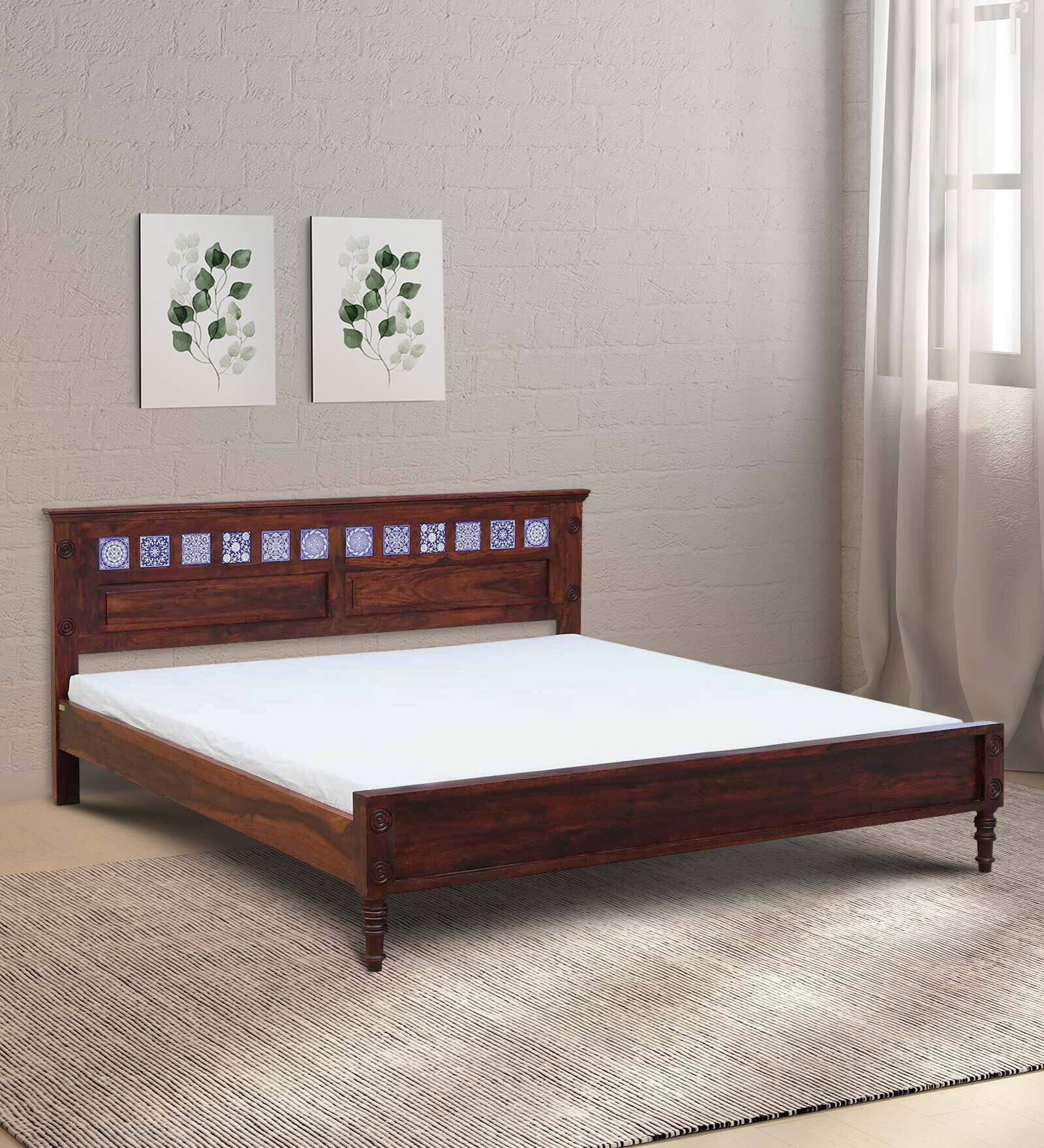 Buy Kamchini Sheesham Wood King Size Bed In Honey Oak Finish With Tiles On Footrest Online 0316