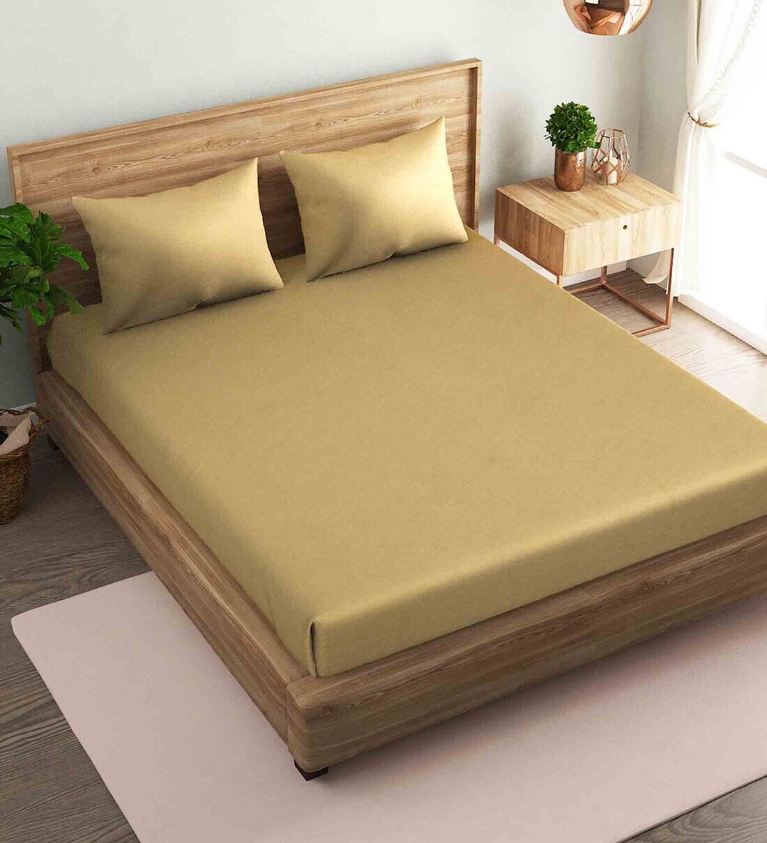 Buy Khaki Solid 210 TC Satin Single Bed Sized Bed Sheets With 1 Pillow
