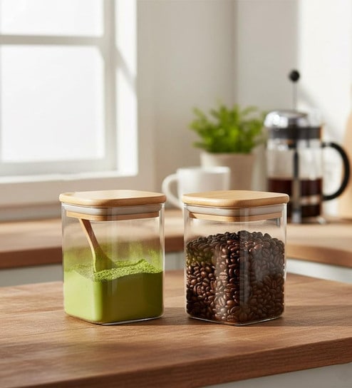 Kitchen Storage Jars Borosilicate Glass Jar with Wooden Lid Air Tight Jar, 450 ML, Pack of 2, Transparent Offers & Cashback