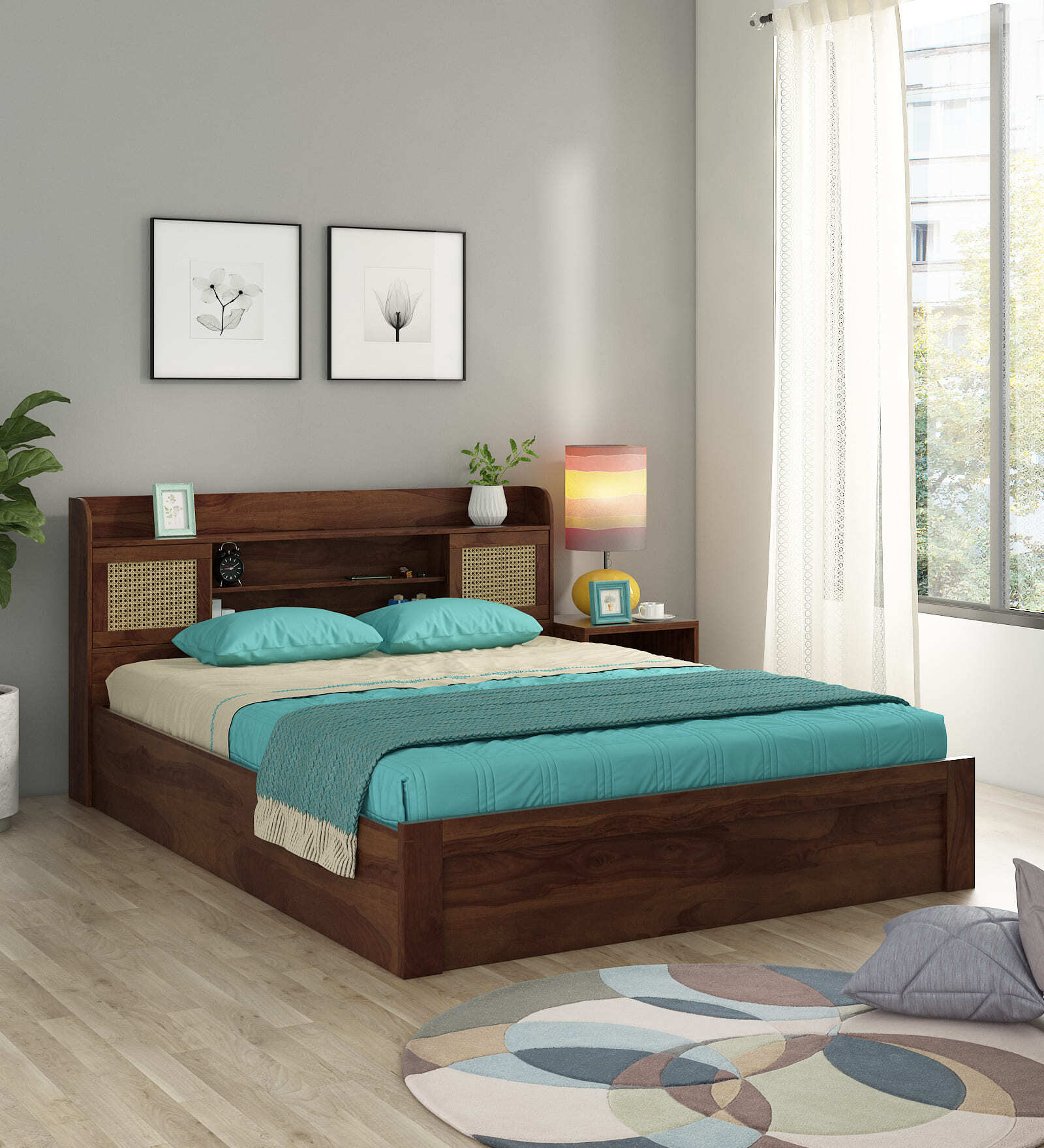 Buy Kosmo Jude Cane Queen Size Bed in Melamine Finish with Box Storage