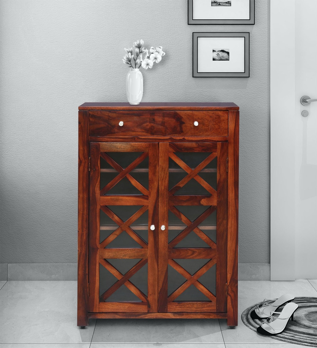 Buy Kryss Sheesham Wood Shoe Cabinet In Honey Oak Finish Online Shoe