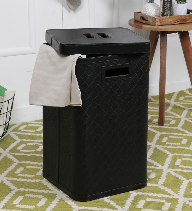 Buy PU Leather Black Laundry Basket With Lid, 62 Ltr by Kraftsmen