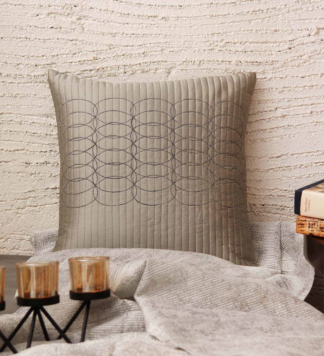 Grey Applique Cotton Cushion Cover (16 IN X 16 IN)
