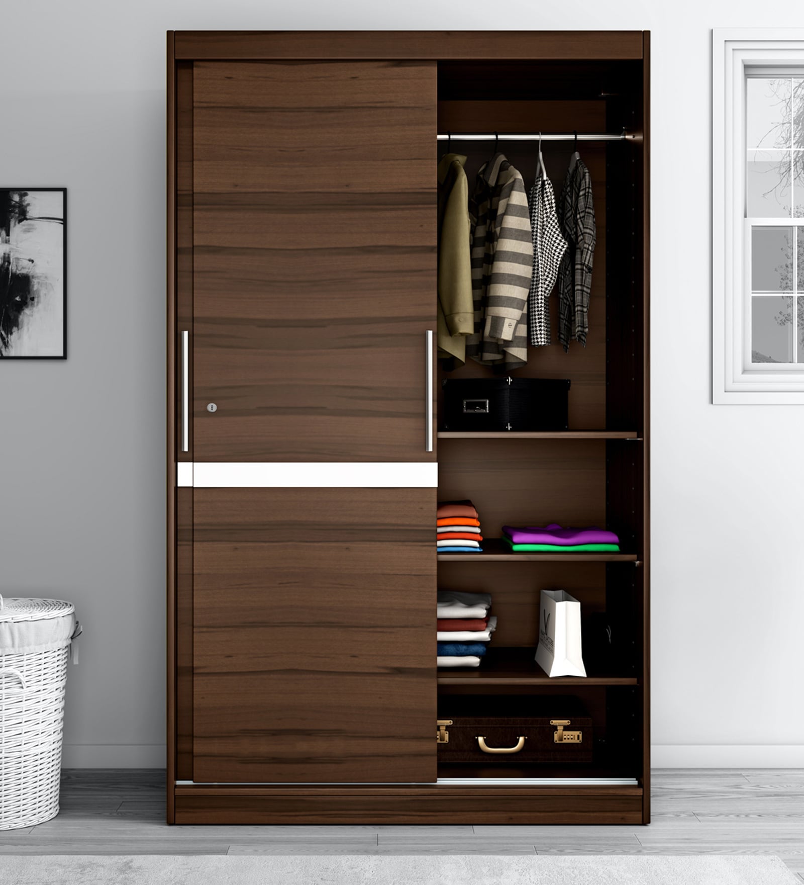 Buy Linea Sliding Door Sliding Wardrobe in Brown Finish by Godrej