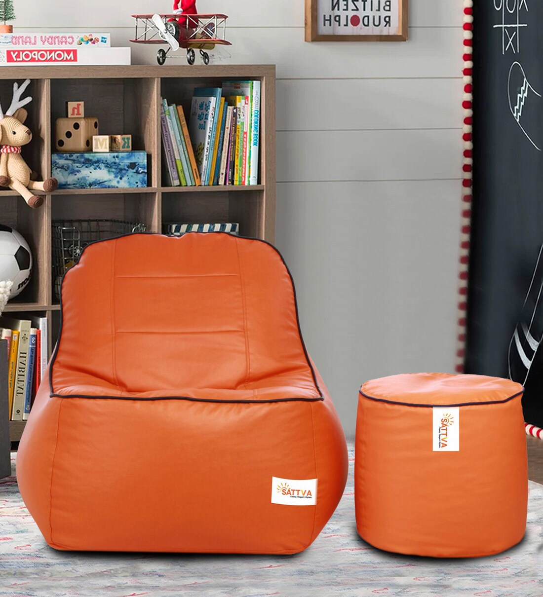 Buy Combo Lounger XXXL Leatherette Bean Bag with Beans in Orange Colour