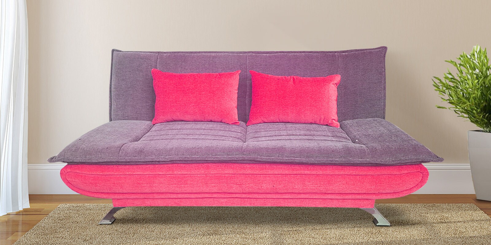 Buy Lujoso Sofa Cum Bed with Cushions in Grey & Pink Colour by Iris Furniture Online PullOut