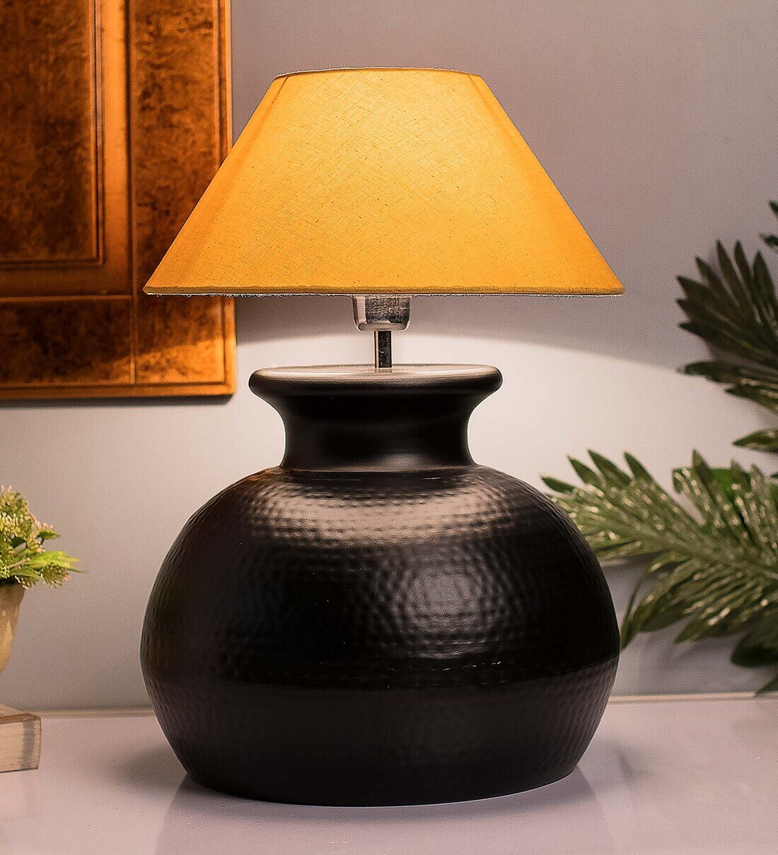 Buy Matt Black Hammered Pitcher Table Lamp with Khadi Drum Shade Online