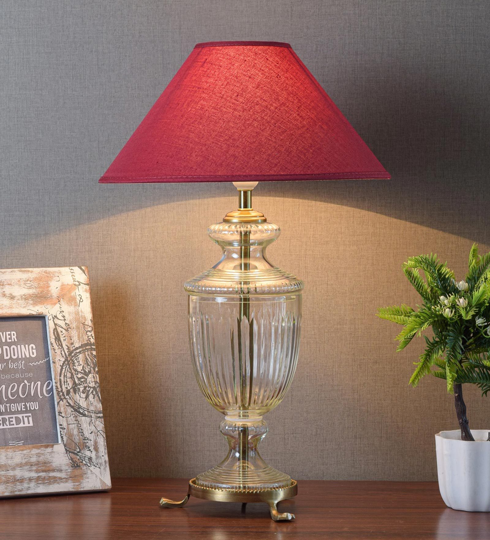 Buy Norwich Maroon Cotton Shade Night Lamp With Glass Base By Kapoor