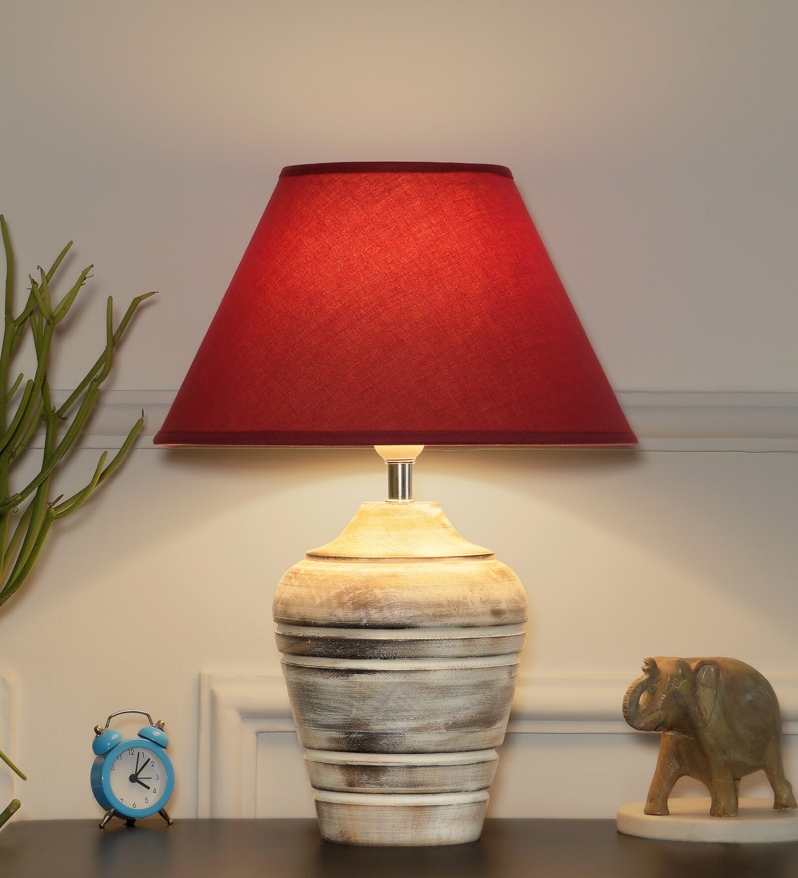 Buy Georgia Maroon Cottan Fabric Shade Night Lamp With Wood Base By