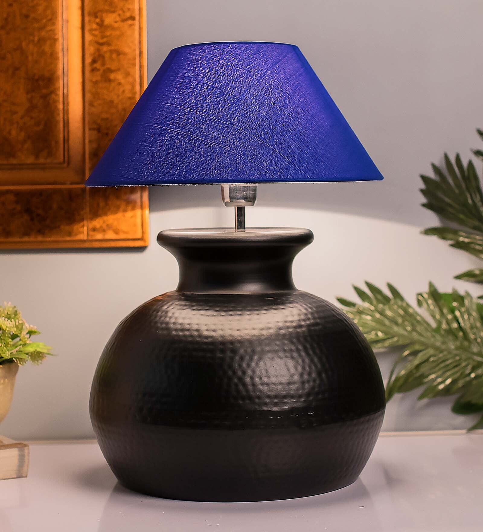 Buy Matt Black Hammered Pitcher Table Lamp with White Cone Shade Online