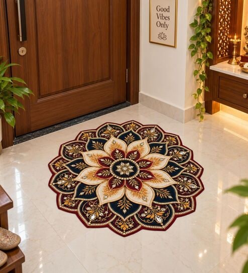 Maroon & Black 23x23 Inch Lotus Mandala 7D Printed Floor Mat