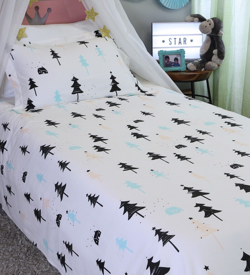Buy White Cotton Single Size Girl Hangout Kids Bedsheet Set Of 2