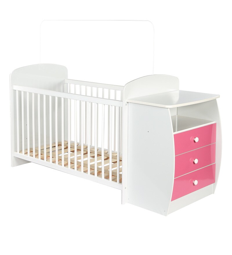 Buy Mckevin Baby Crib With Chest Of Drawers In Satin White Pink