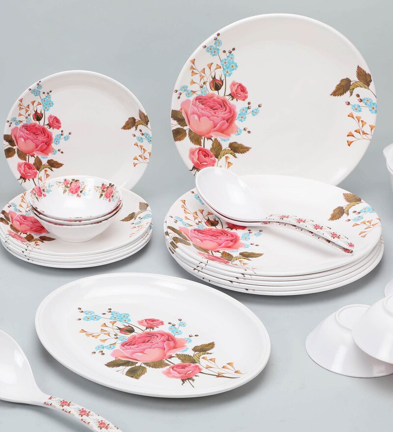 Buy White Colour Multi Flower Print Melamine Dinner Set 33 Pieces By Cdi Online Melamine