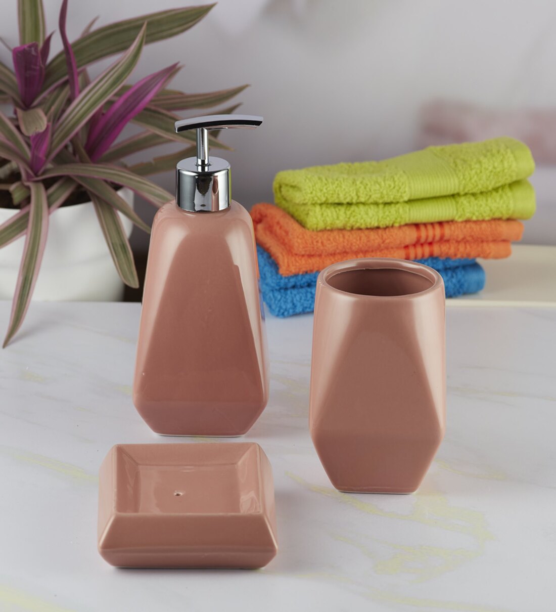 Buy Modern Peach Ceramic Set of 3 Bath Accessories Set by Kookee at 20% ...