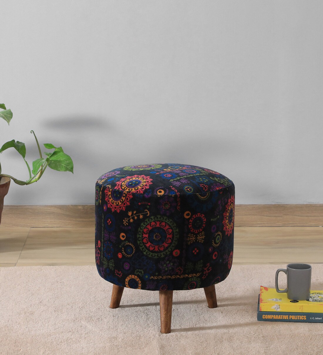 Buy Mozart Velvet Seating Stool In Floral Print on Blue Colour Online
