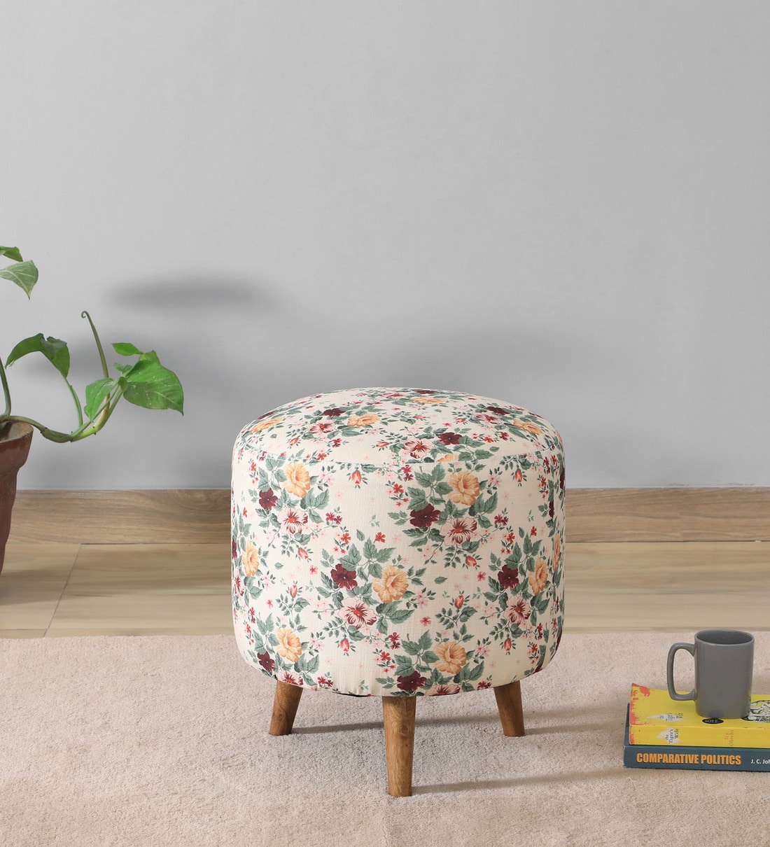 Buy Mozart Velvet Seating Stool In Floral Print on Yellow Colour Online
