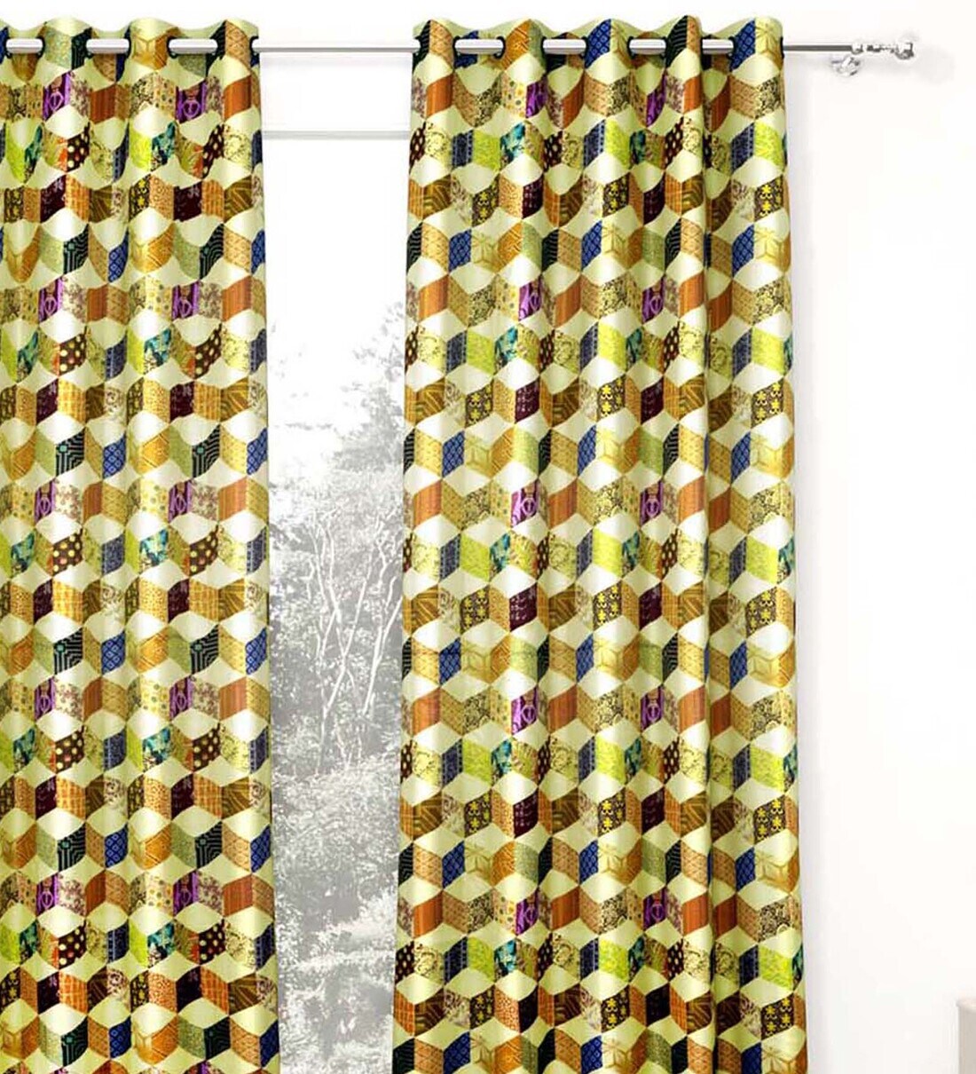 Buy Multicolor Geometric Satin 5 Ft Semisheer Eyelet Window Curtain by