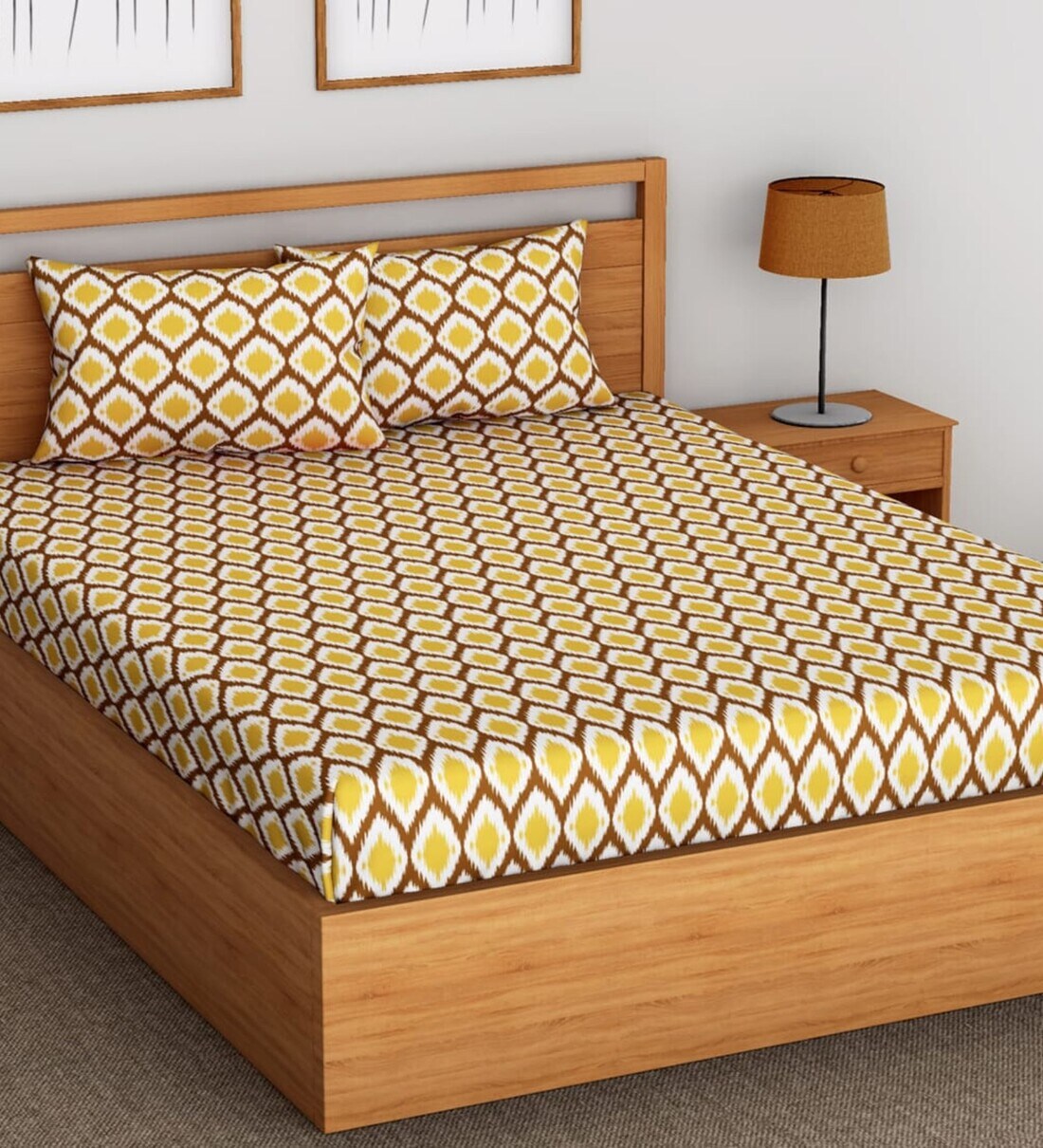 Buy Mustard Abstract 144 TC 100 Cotton Fitted Bedsheet & 2 Pillow