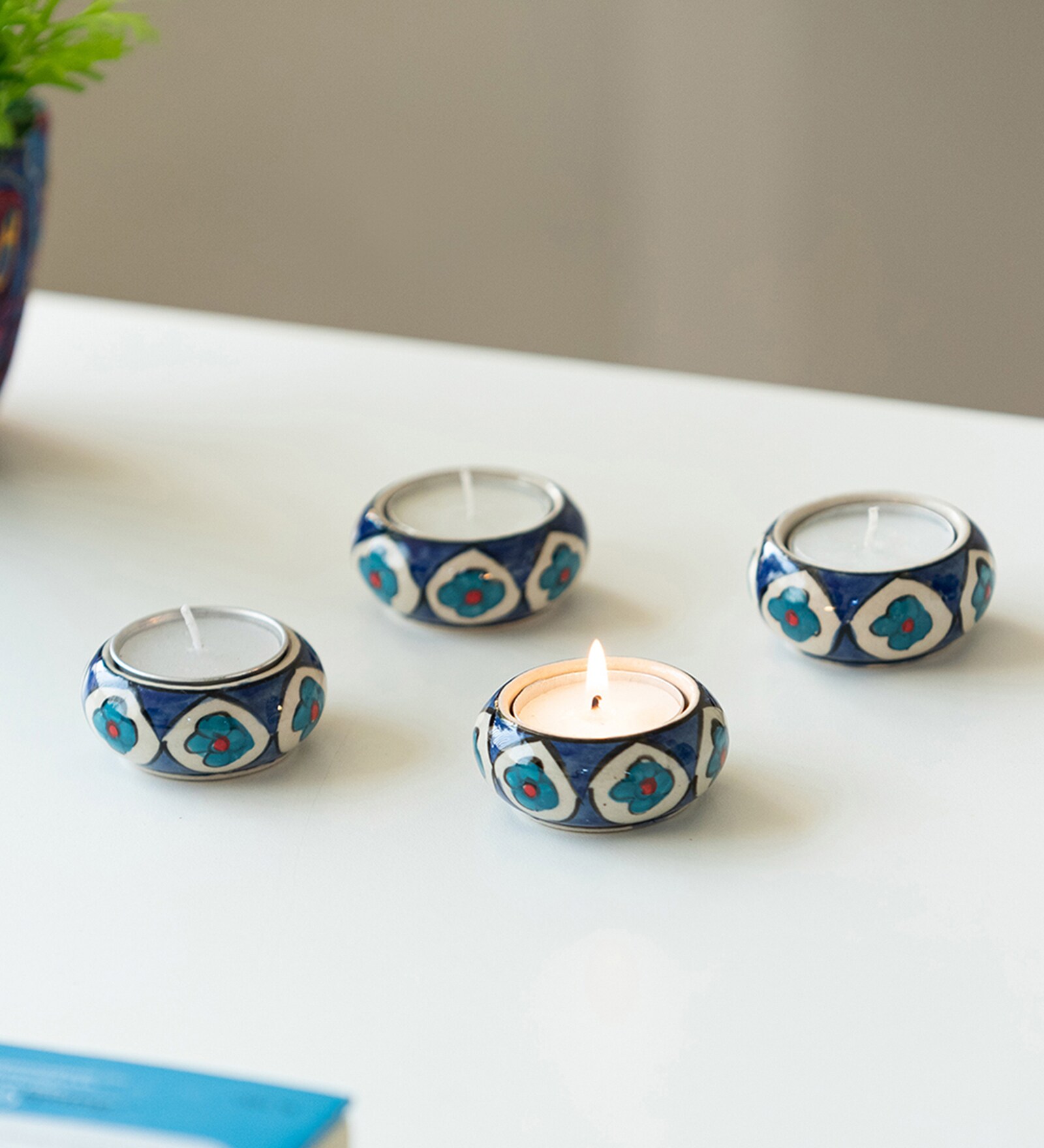 Buy Mughal Glow Blue Ceramic Tea Light Holder by ExclusiveLane at 25