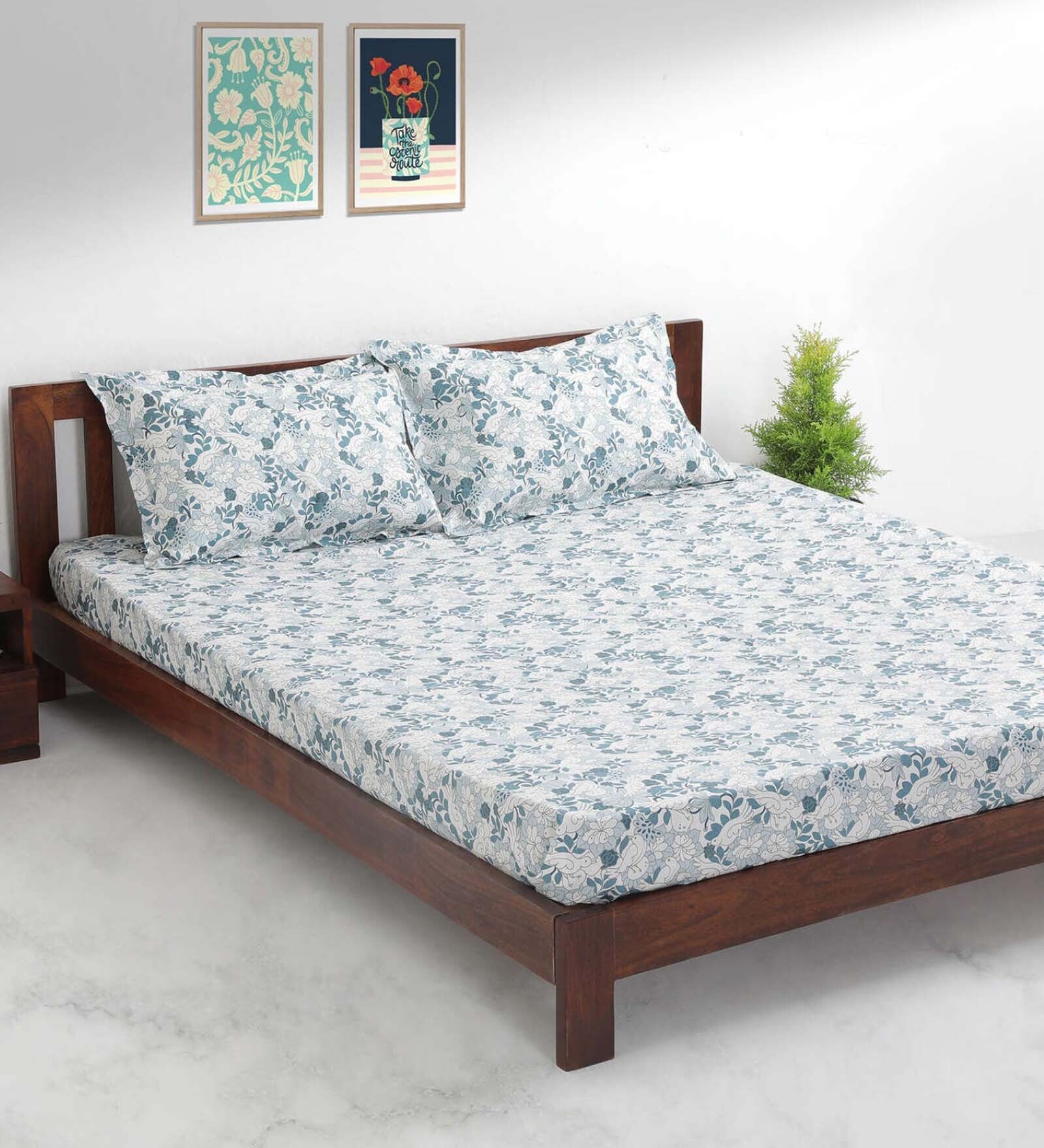 Buy White Floral 144 TC Cotton Blend Queen Sized Bed Sheets with 2