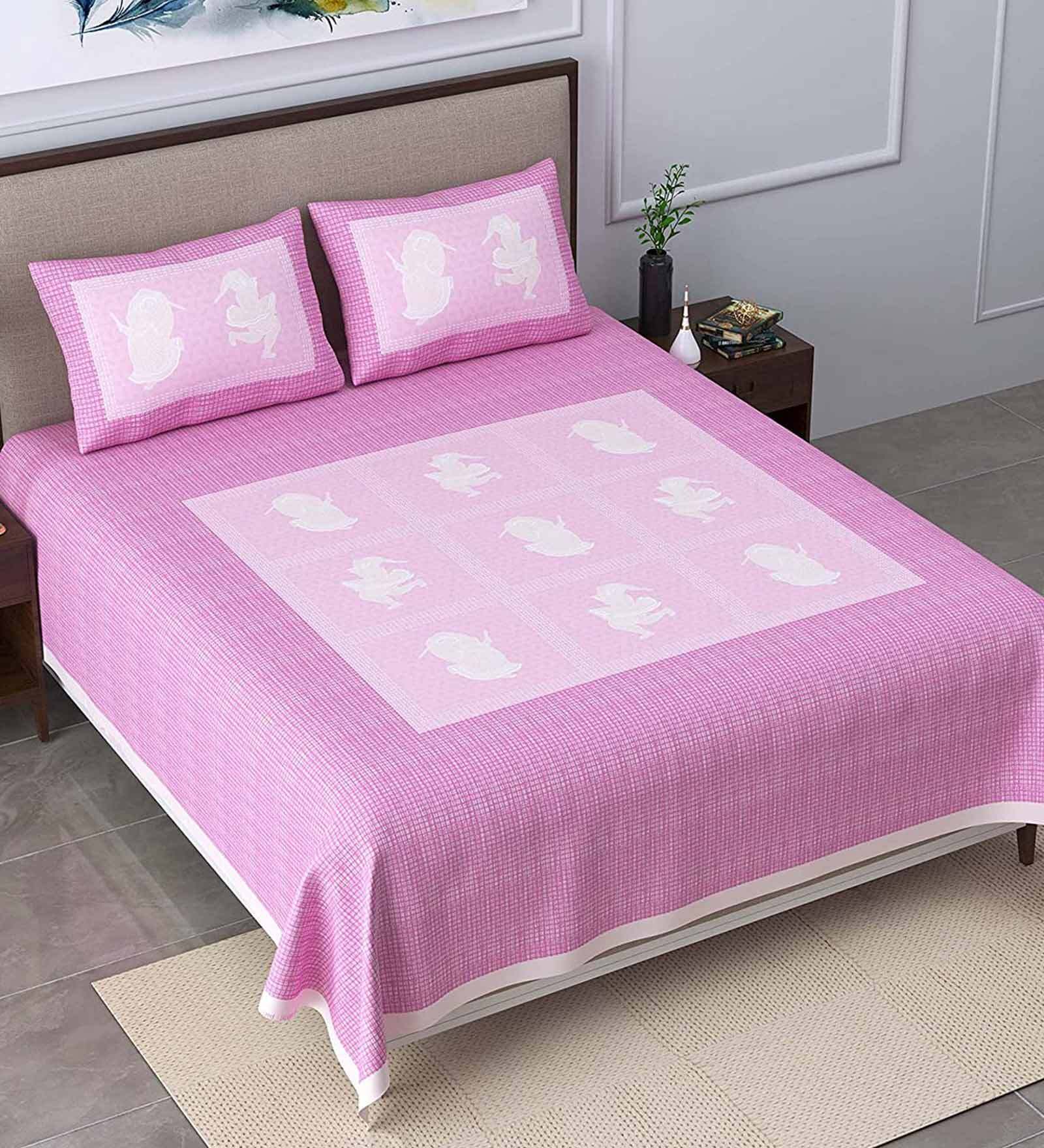 Buy Pink Floral 400 TC 100 Cotton 1 Double King Size Bedsheet with 2
