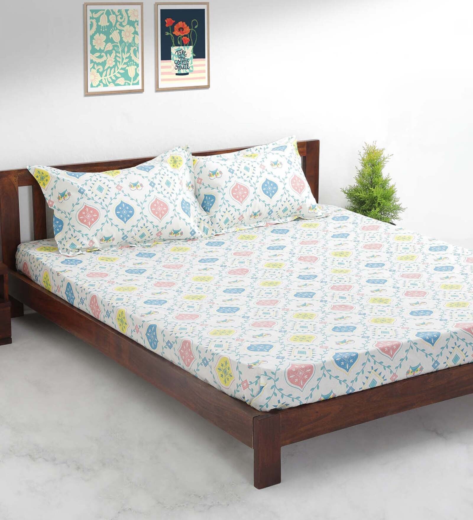 Buy White Abstract 136 TC Cotton Blend Queen Sized Bed Sheets with 2