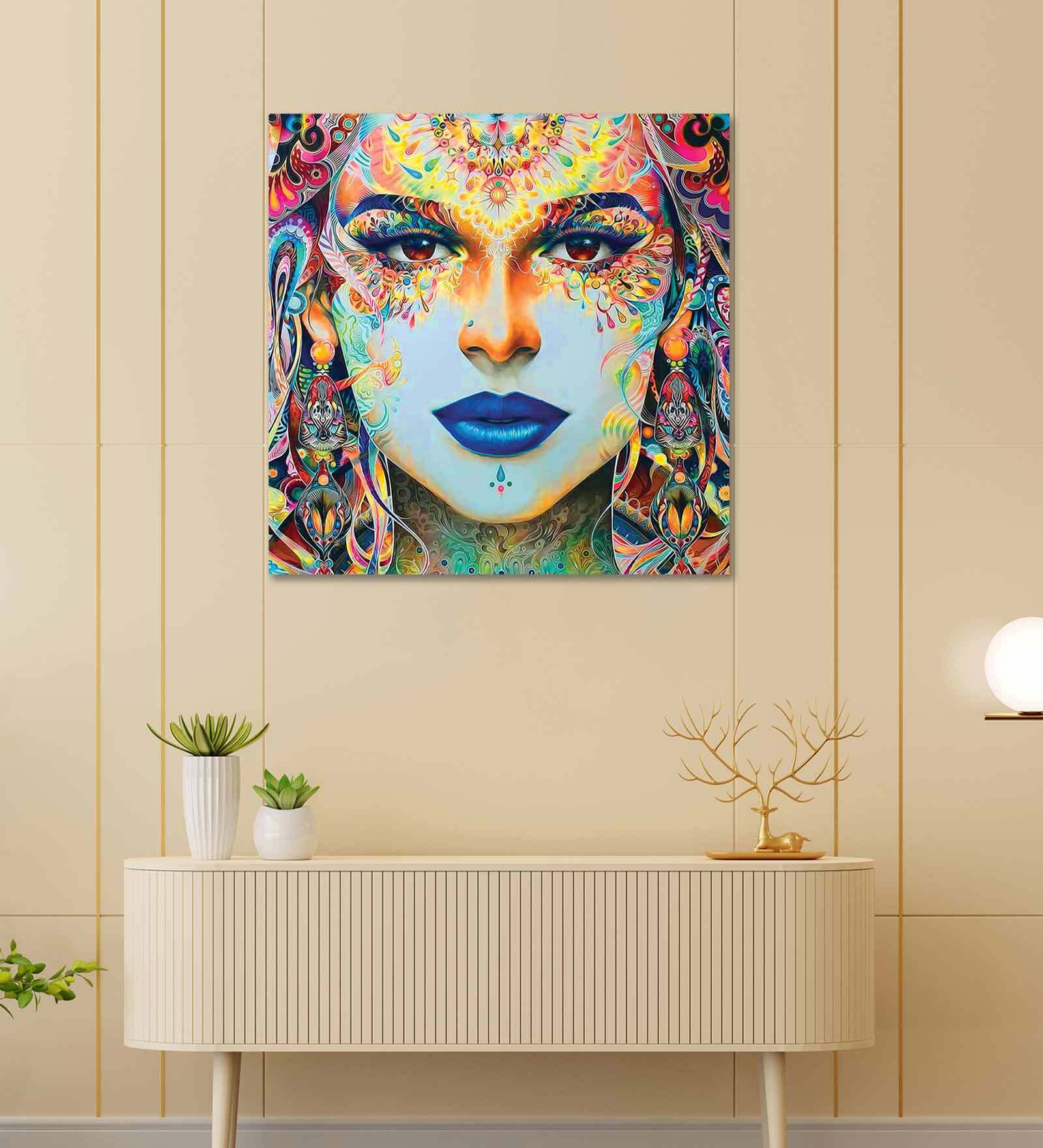 Buy Beautiful Lady Multicolour Canvas Teakwood And MDF Framed People