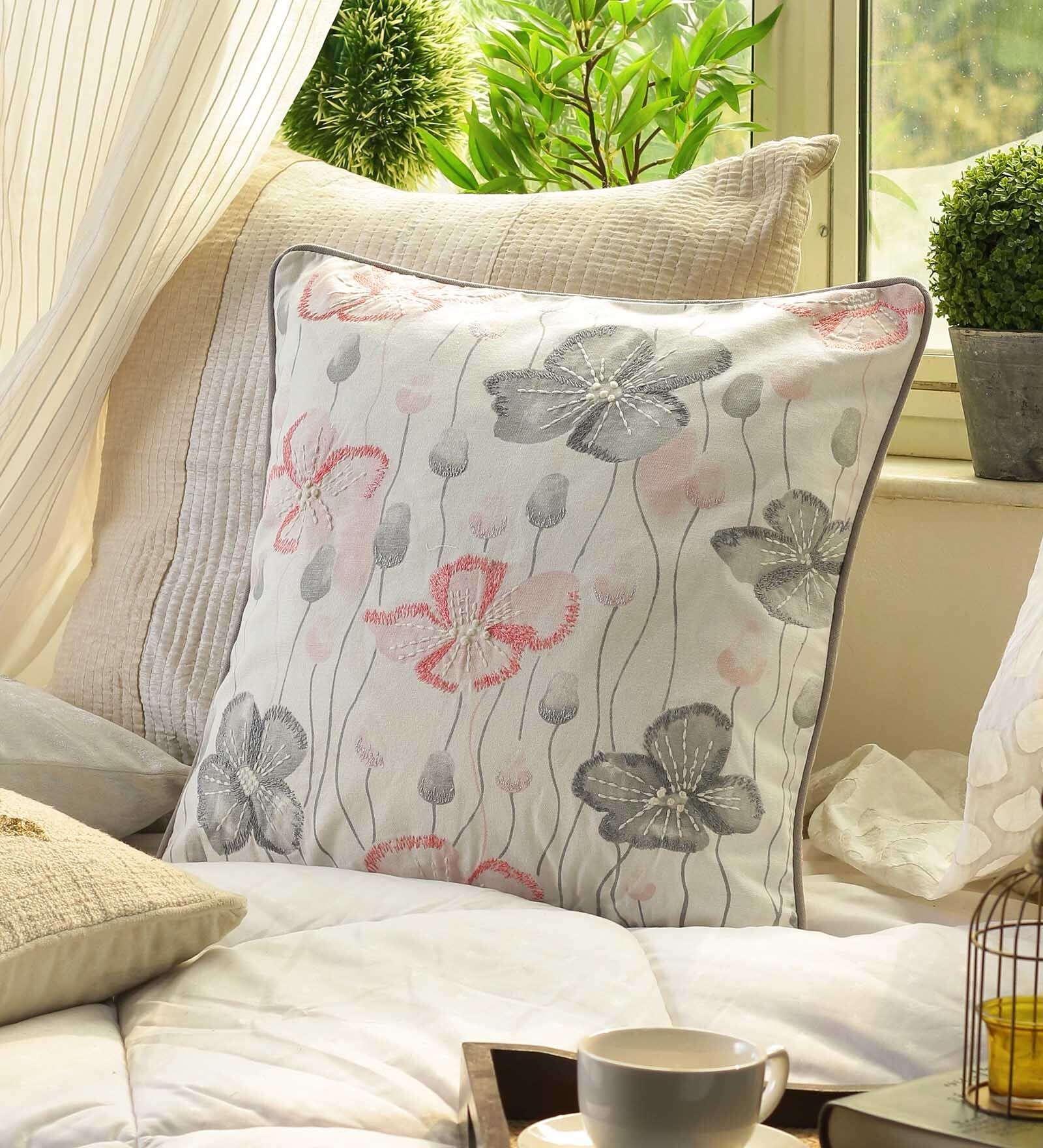 Buy Floral Pattern Cotton White Cushion Cover 18 x 18 inches by Solaj