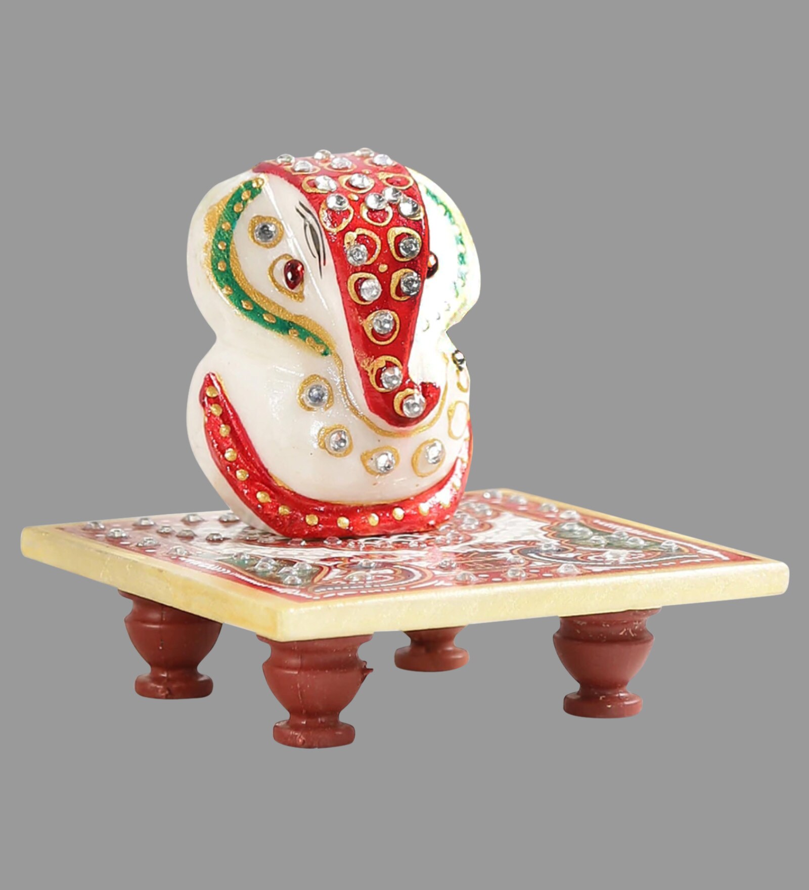 Marble Ganesha Idol With Chowki In Multicolor, By Art of Jodhpur 