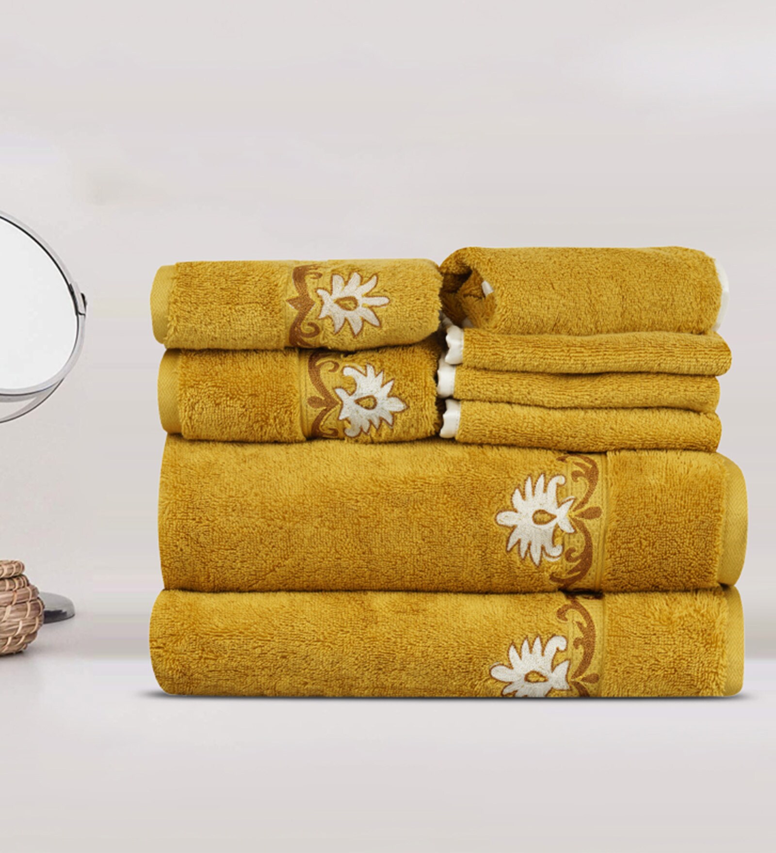 Buy Mustard Cotton Patterned 500 GSM Towel Set 8 Pieces by Lush & Beyond Online Patterned