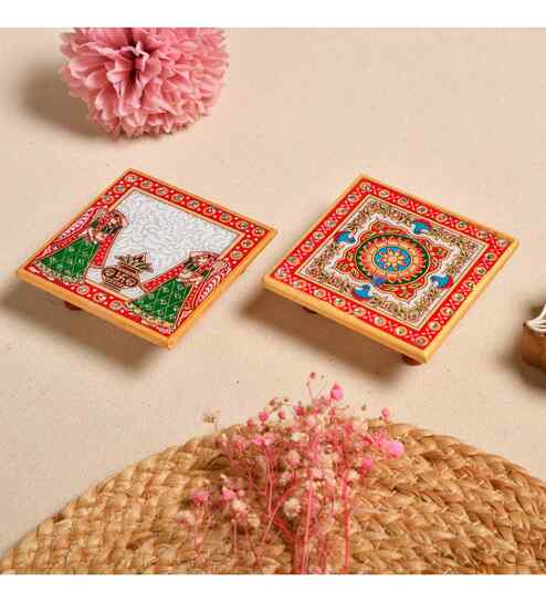 Multicolor Marble Puja Chowki for God Idols (Pack of 2)