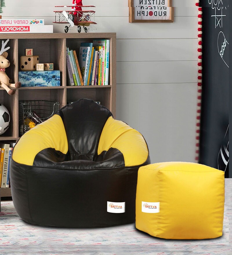 Buy Combo XXXL Leatherette Bean Bag with Beans in Black & Yellow Colour