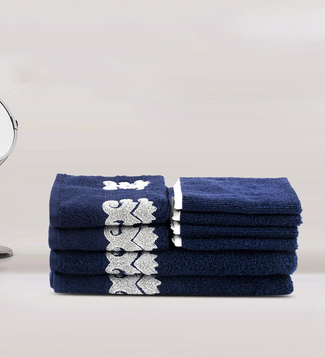 Buy Navy Blue Cotton Patterned 500 GSM Towel Set 8 Pieces by Lush & Beyond Online Patterned