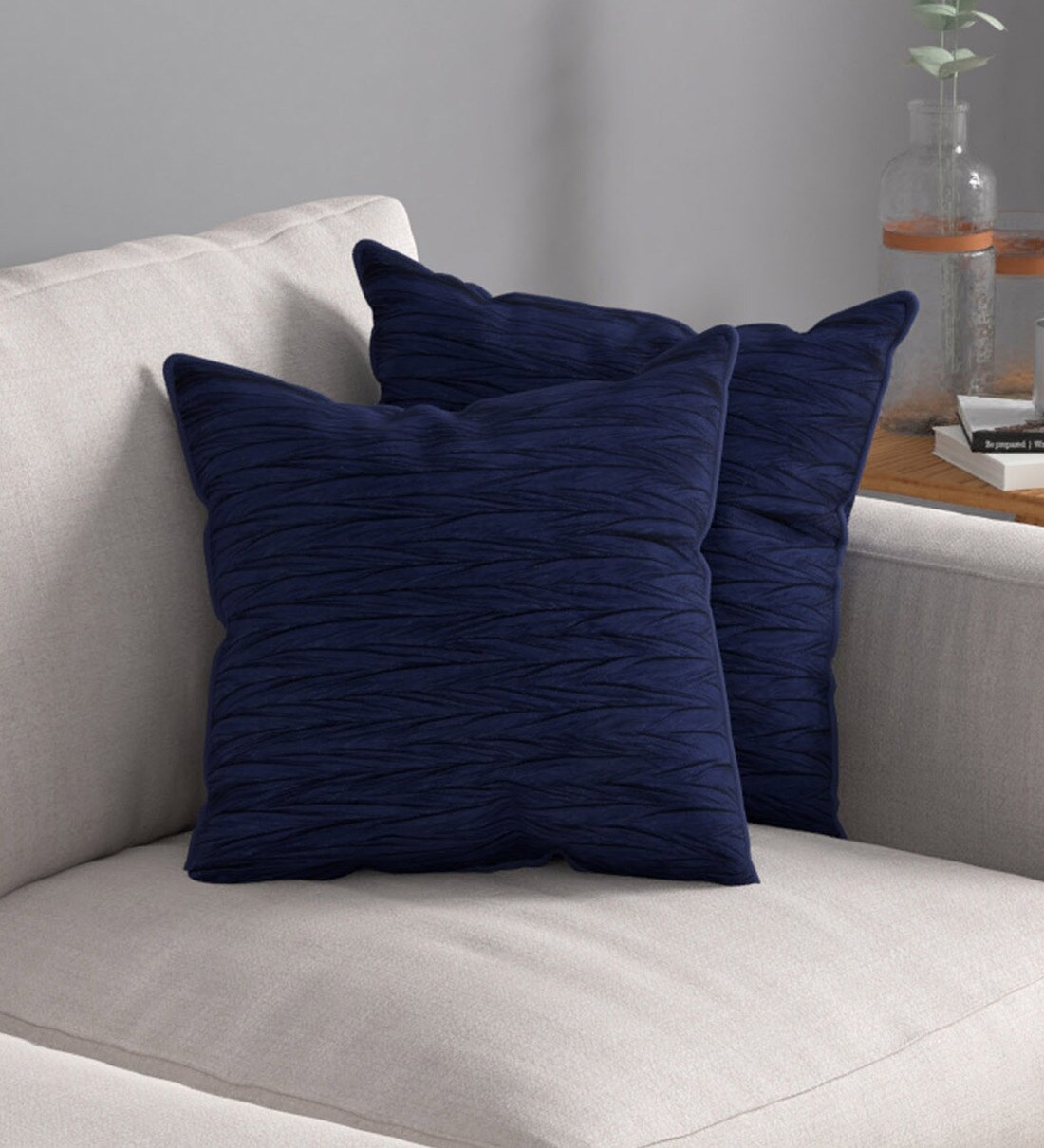 Buy Navy Blue Textured Polyester 32 x 32 Inches Cushion Covers (Set of